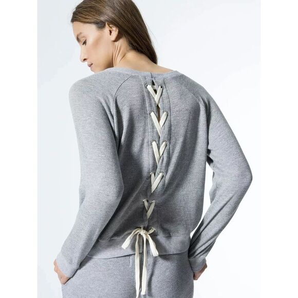Monrow Women's Size Medium Gray Supersoft Sweatshirt With Lace Up‎ - Picture 1 of 8